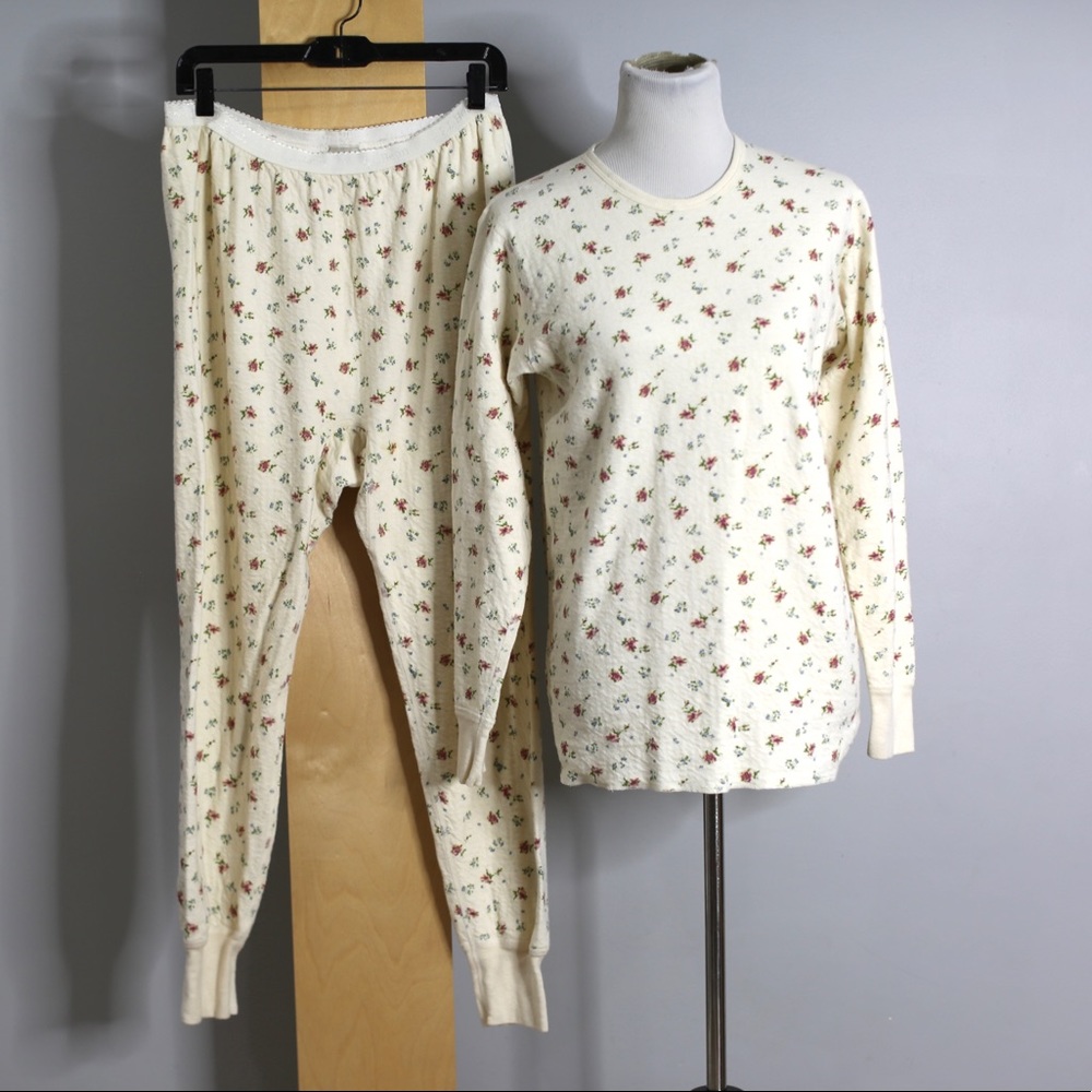 LL Bean 2 Piece Thermal Pajamas Set Womens Large Floral Pants Top